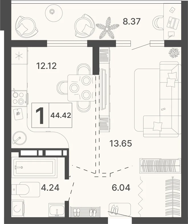 Планировка 1-комн. квартира, 44.42 м² ЖК «Светский лес» Планировка 1-комн. квартира, 44.42 м² ЖК «Светский лес»