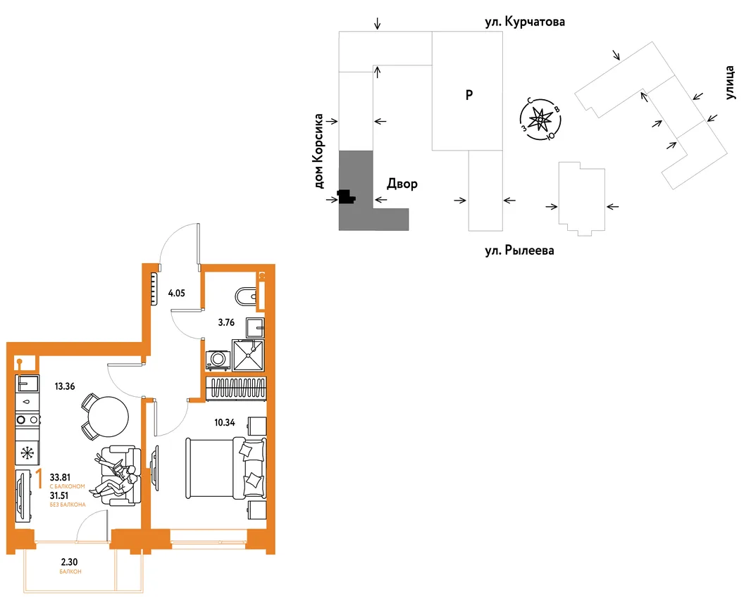 Планировка 1-комн. квартира, 34.26 м² ЖК «Остров-сад»