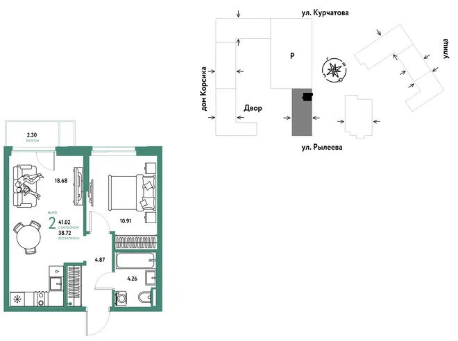 Планировка 2-комн. квартира, 40.98 м² ЖК «Остров-сад» Планировка 2-комн. квартира, 40.98 м² ЖК «Остров-сад»