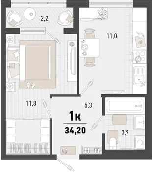 Планировка 1-комн. квартира, 34.2 м² ЖК «Барса»