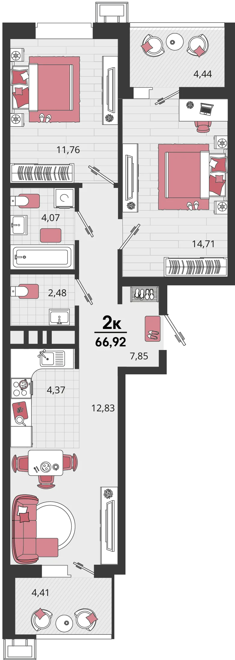 Планировка 3-комн. квартира, 66.92 м² ЖК «Родные просторы»
