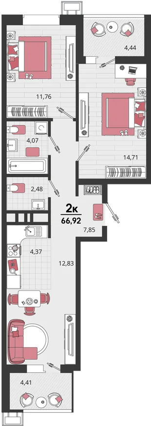 Планировка 3-комн. квартира, 66.92 м² ЖК «Родные просторы»