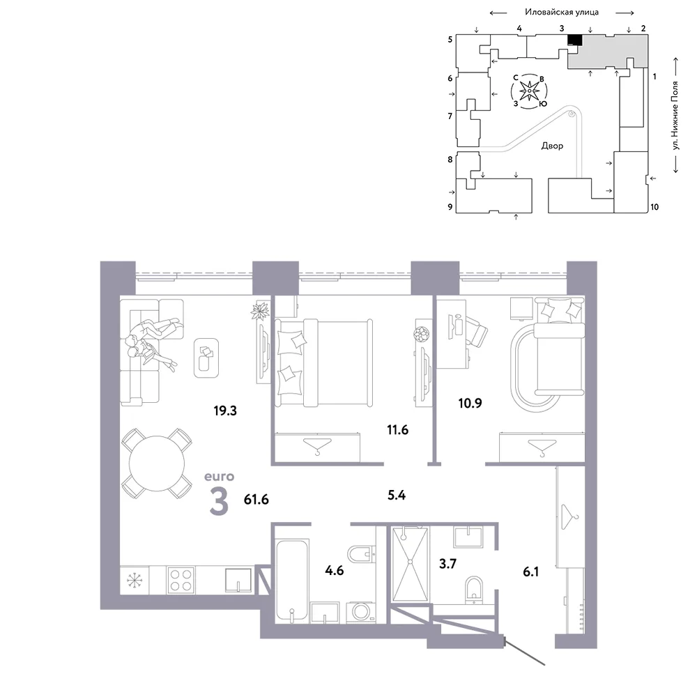 Планировка 3-комн. квартира, 61.6 м² ЖК «Страна.Заречная»