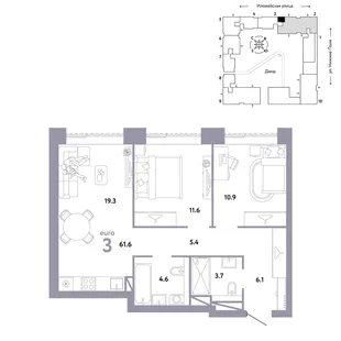 Планировка 3-комн. квартира, 61.6 м² ЖК «Страна.Заречная»
