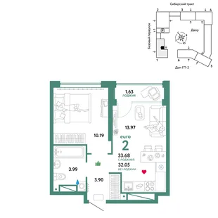 Планировка 2-комн. квартира, 33.68 м² ЖК «Сибирский сад»