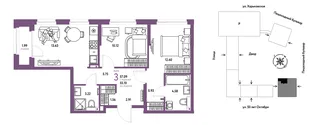 Планировка 3-комн. квартира, 57.09 м² ЖК «Сердце Сибири»