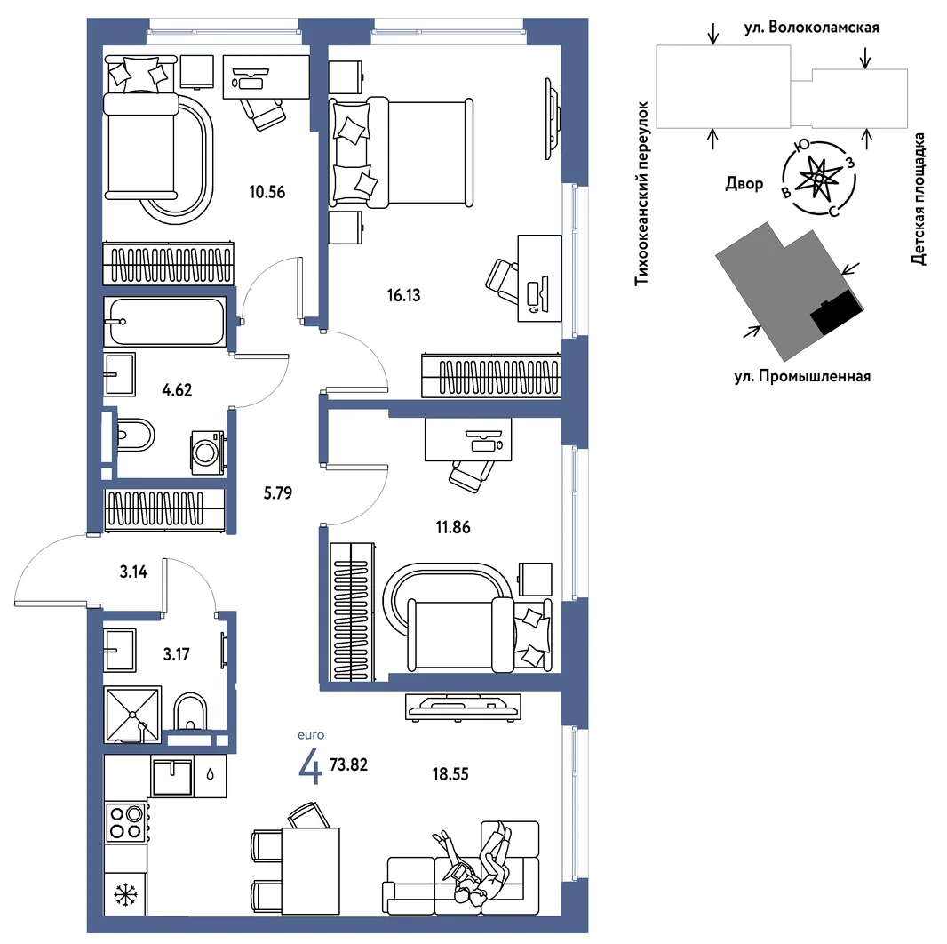 Планировка 4-комн. квартира, 73.82 м² ЖК «Страна Прибрежная»