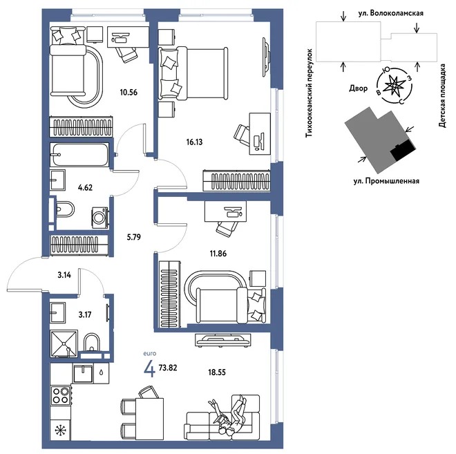 Планировка 4-комн. квартира, 73.82 м² ЖК «Страна Прибрежная» Планировка 4-комн. квартира, 73.82 м² ЖК «Страна Прибрежная»