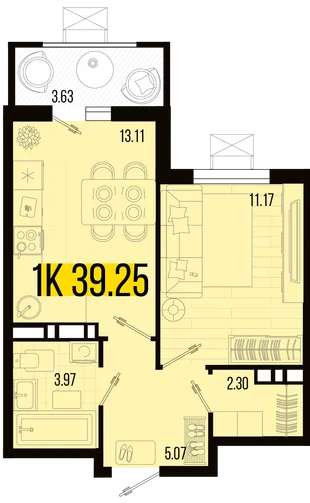 Планировка 1-комн. квартира, 37.44 м² ЖК «Цветной бульвар»