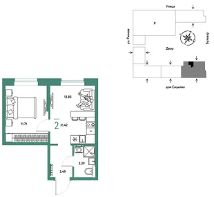 Планировка 2-комн. квартира, 31.42 м² ЖК «Остров-сад»