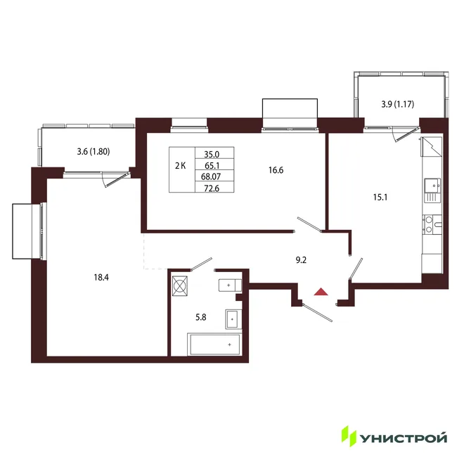 Планировка 2-комн. квартира, 68.07 м² ЖК «Лисино»