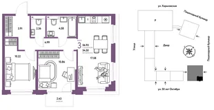 Планировка 3-комн. квартира, 56.93 м² ЖК «Сердце Сибири»