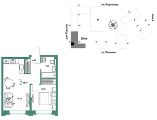Планировка 2-комн. квартира, 38.03 м² ЖК «Остров-сад»