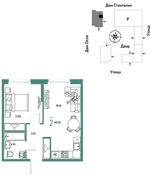 Планировка 2-комн. квартира, 40.22 м² ЖК «Европейский берег 2.0»