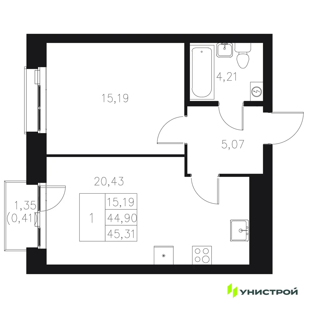 Планировка 1-комн. квартира, 45.31 м² ЖК «Statum»