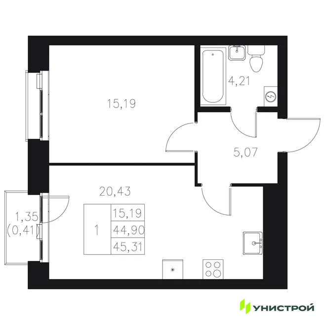 Планировка 1-комн. квартира, 45.31 м² ЖК «Statum»