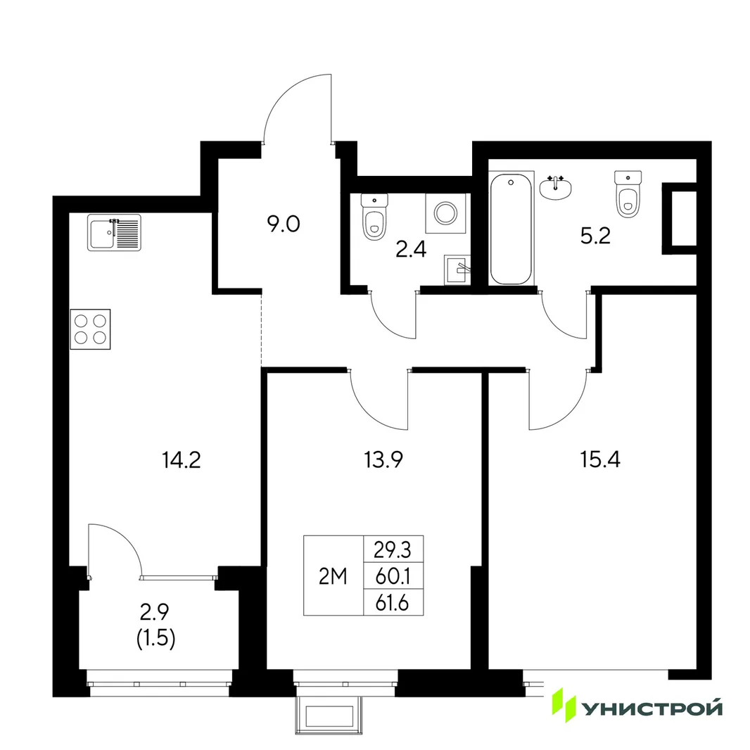 Планировка 2-комн. квартира, 61.6 м² ЖК «Стадиум»