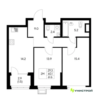 Планировка 2-комн. квартира, 61.6 м² ЖК «Стадиум»