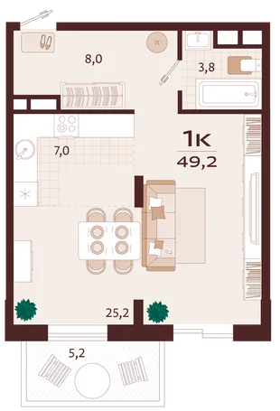 Планировка 1-комн. квартира, 49.2 м² ЖК «Роялта»