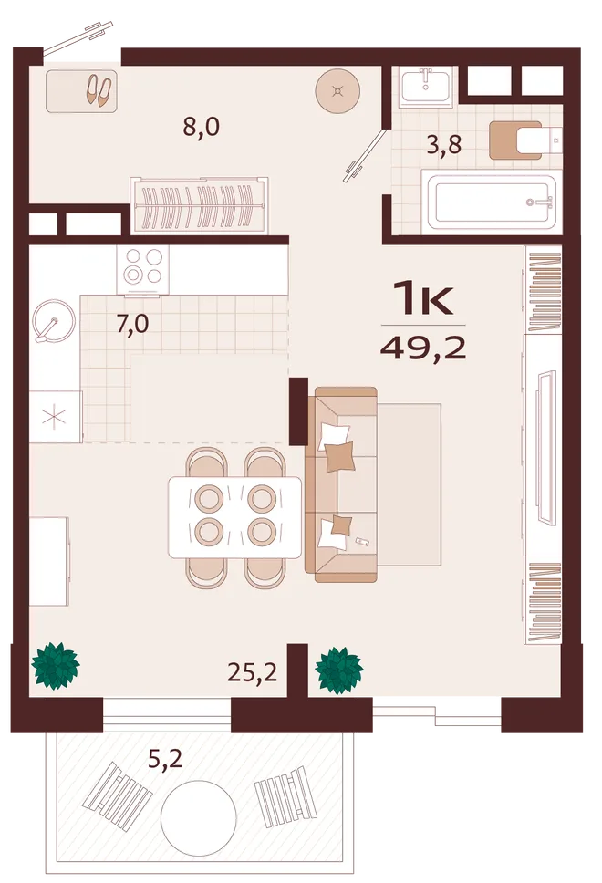Планировка 1-комн. квартира, 49.2 м² ЖК «Роялта»