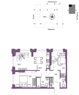 Планировка 3-комн. квартира, 55.45 м² ЖК «Европейский берег 2.0»