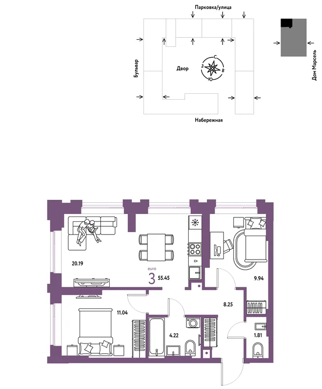 Планировка 3-комн. квартира, 55.45 м² ЖК «Европейский берег 2.0» Планировка 3-комн. квартира, 55.45 м² ЖК «Европейский берег 2.0»