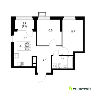 Планировка 2-комн. квартира, 47.9 м² ЖК «Стадиум»