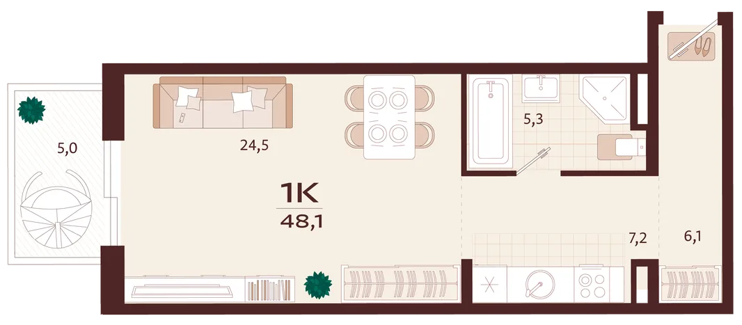 Планировка 1-комн. квартира, 48.1 м² ЖК «Роялта»
