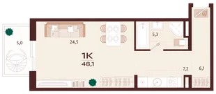 Планировка 1-комн. квартира, 48.1 м² ЖК «Роялта»