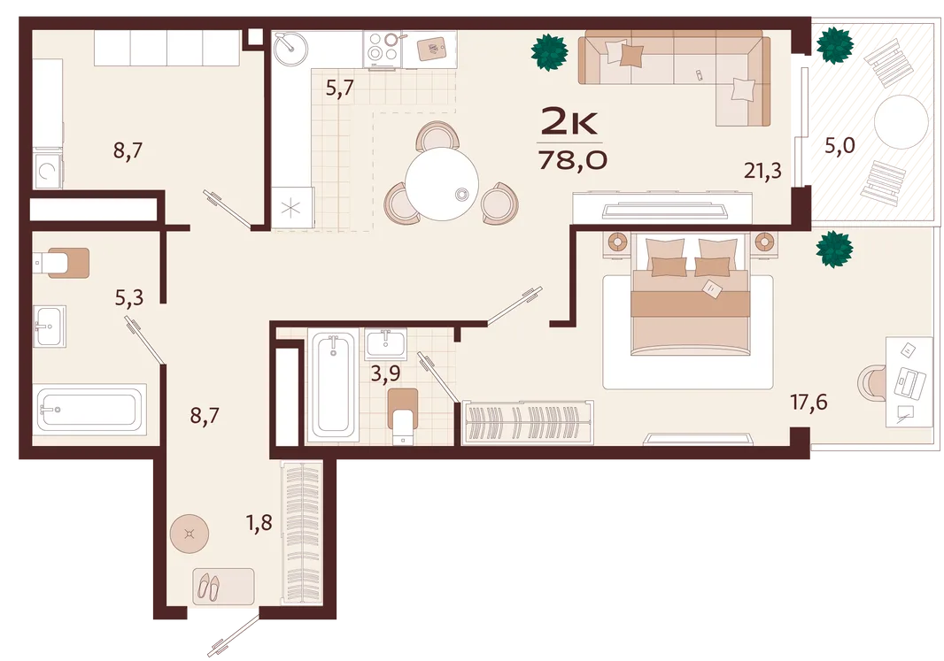 Планировка 2-комн. квартира, 78 м² ЖК «Роялта»