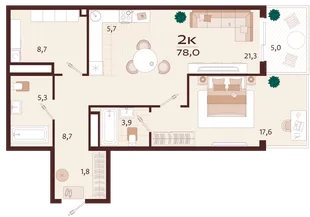 Планировка 2-комн. квартира, 78 м² ЖК «Роялта»