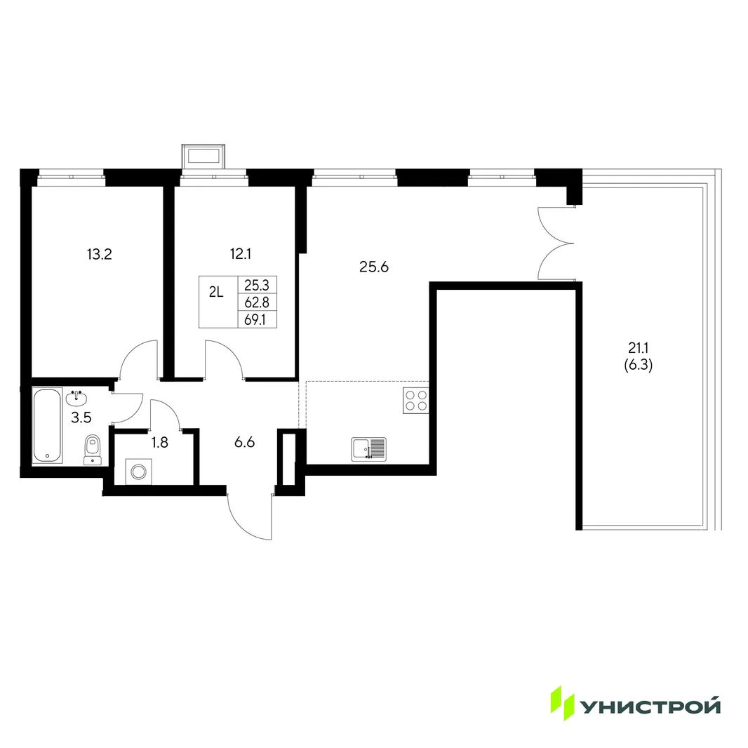 Планировка 2-комн. квартира, 69.1 м² ЖК «Стадиум»