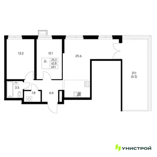 Планировка 2-комн. квартира, 69.1 м² ЖК «Стадиум»