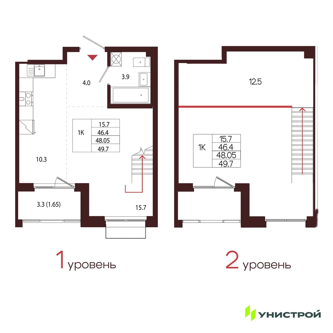 Планировка 1-комн. квартира, 48.05 м² ЖК «Лисино»