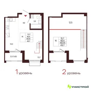 Планировка 1-комн. квартира, 48.05 м² ЖК «Лисино»