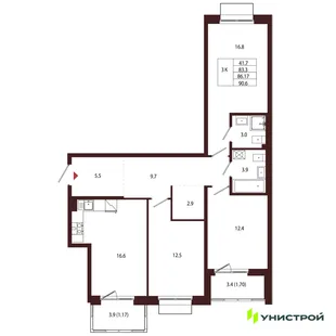Планировка 3-комн. квартира, 86.17 м² ЖК «Лисино»