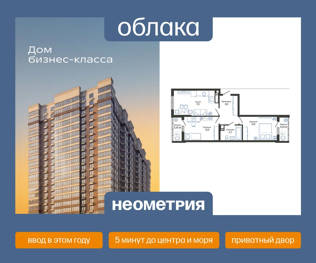 Планировка 2-комн. квартира, 59.8 м² ЖК «Облака»