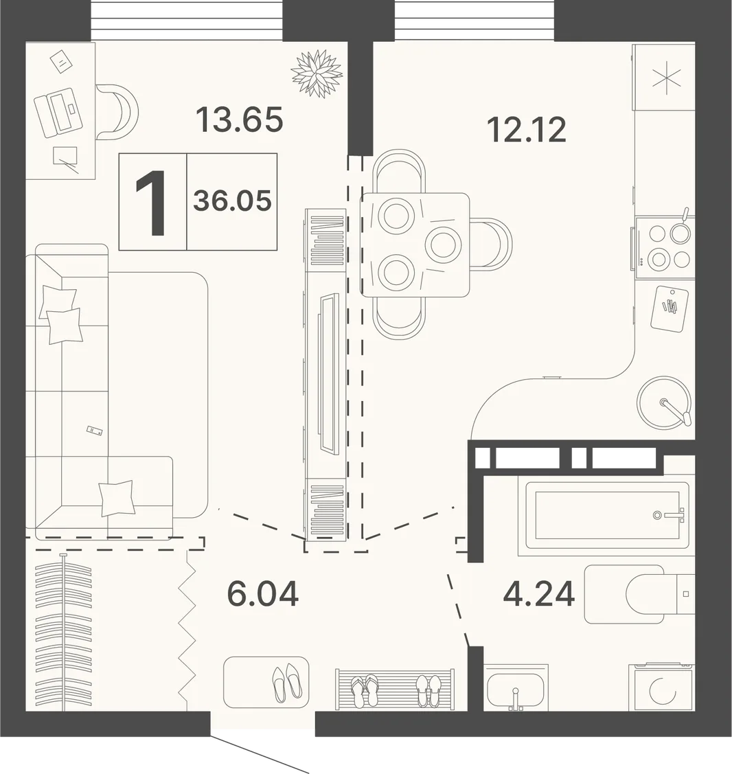 Планировка 1-комн. квартира, 36.05 м² ЖК «Светский лес»