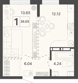 Планировка 1-комн. квартира, 36.05 м² ЖК «Светский лес»