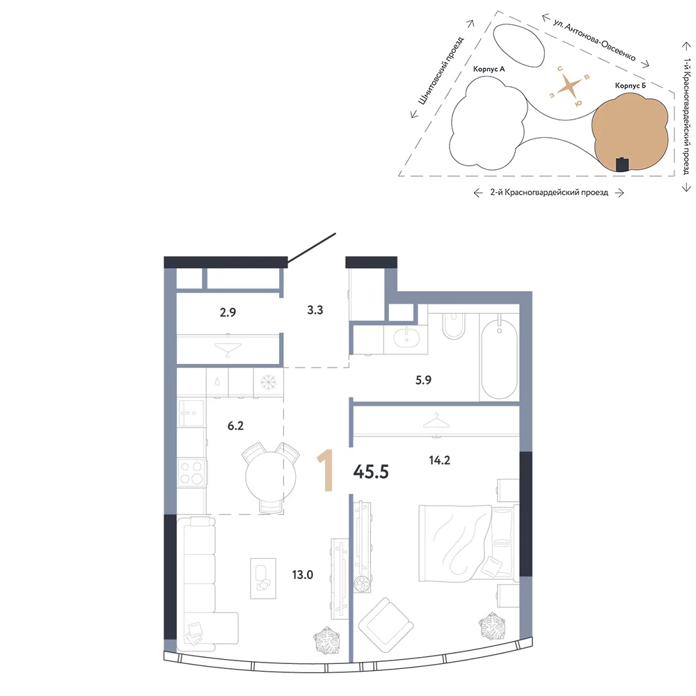 Планировка 1-комн. квартира, 45.5 м² ЖК «АУРУС Резиденции»