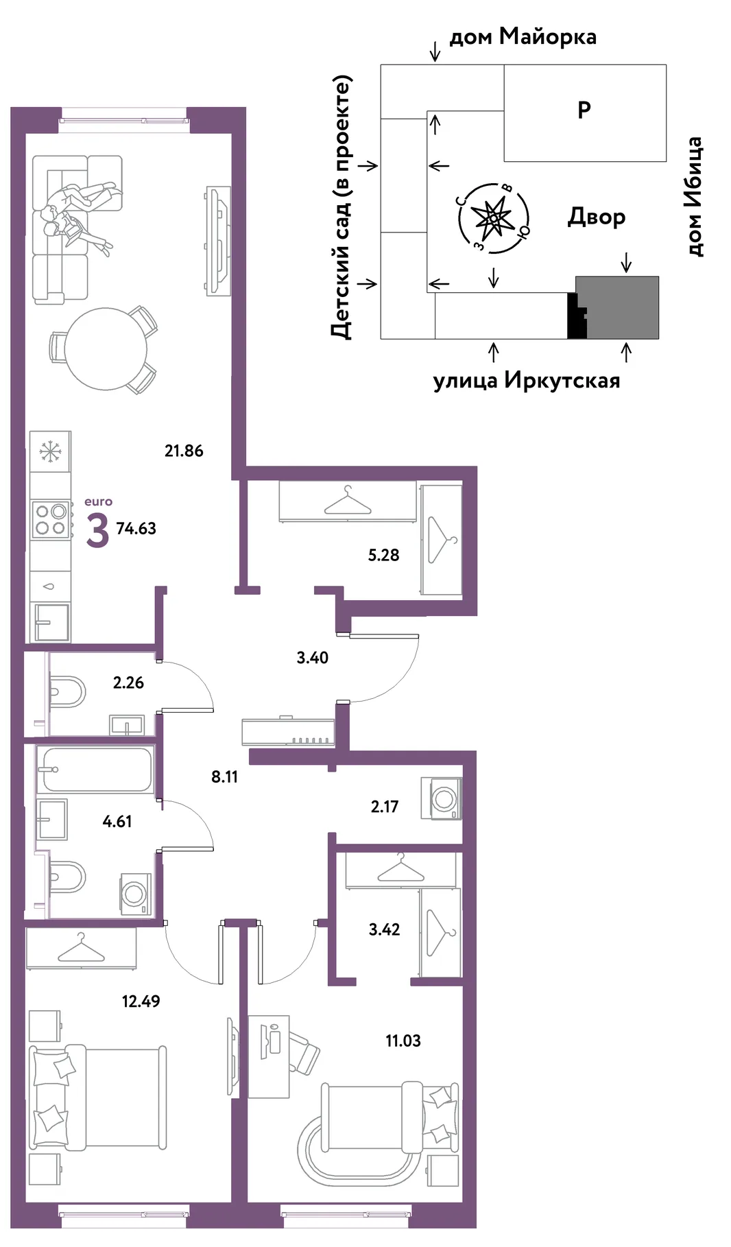 Планировка 3-комн. квартира, 74.63 м² ЖК «Остров-сад»