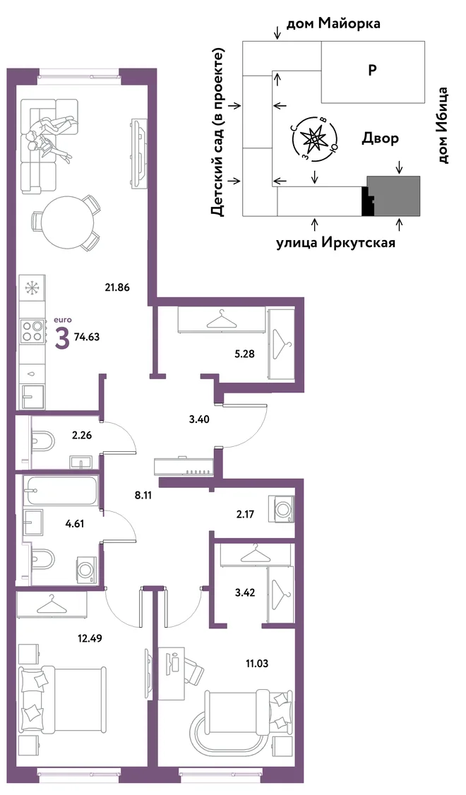 Планировка 3-комн. квартира, 74.63 м² ЖК «Остров-сад» Планировка 3-комн. квартира, 74.63 м² ЖК «Остров-сад»