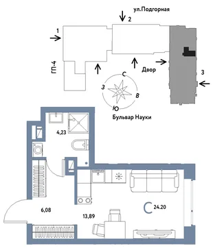 Планировка Студия, 24.2 м² ЖК «Авторский»