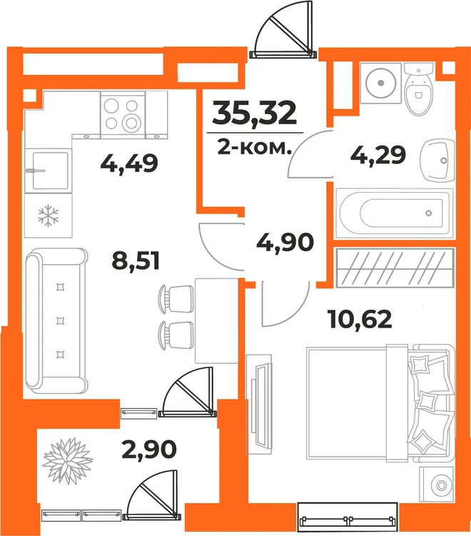 Планировка 2-комн. квартира, 35.32 м² ЖК «Живописный сад» Планировка 2-комн. квартира, 35.32 м² ЖК «Живописный сад»