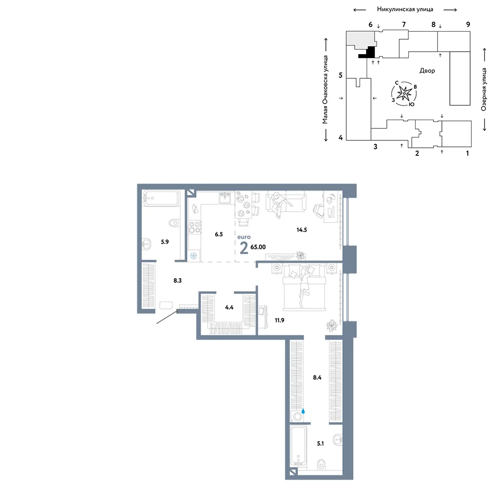 Планировка 2-комн. квартира, 65 м² ЖК «Страна.Озёрная»