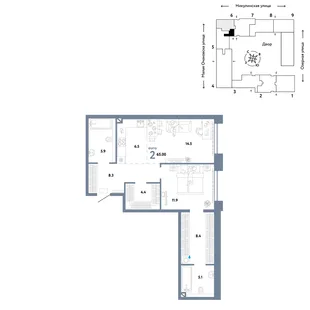 Планировка 2-комн. квартира, 65 м² ЖК «Страна.Озёрная»