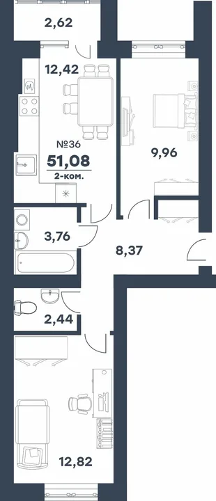Планировка 2-комн. квартира, 51.08 м² ЖК «мкр. Долина»