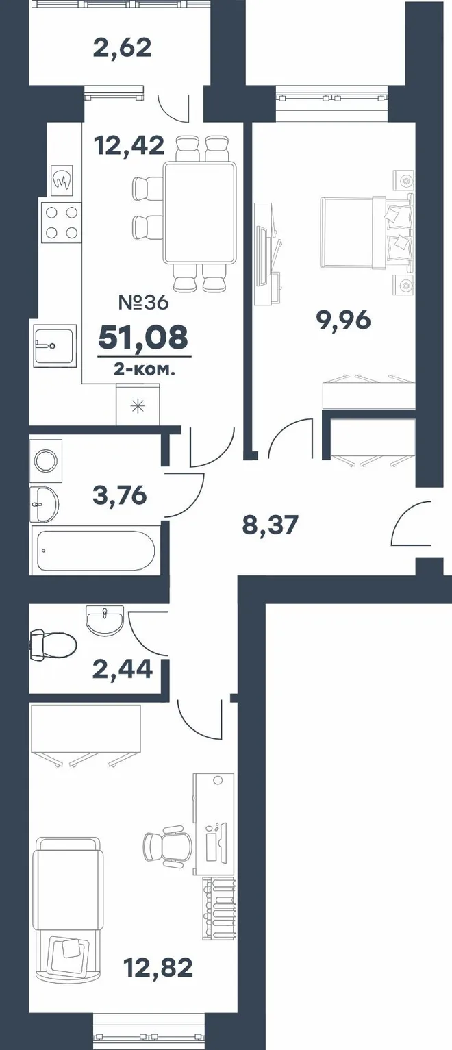 Планировка 2-комн. квартира, 51.08 м² ЖК «мкр. Долина» Планировка 2-комн. квартира, 51.08 м² ЖК «мкр. Долина»