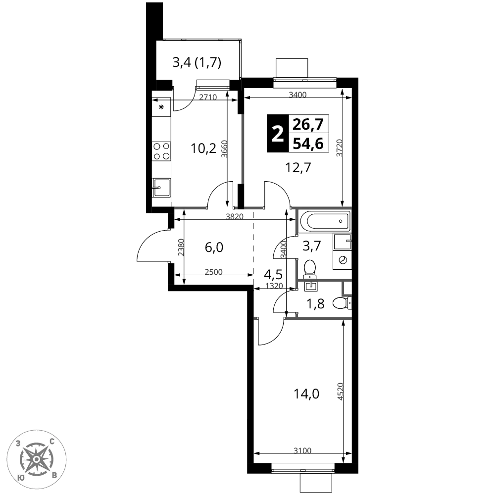 Планировка 2-комн. квартира, 54.6 м² ЖК «1-й Шереметьевский»