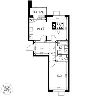 Планировка 2-комн. квартира, 54.6 м² ЖК «1-й Шереметьевский»